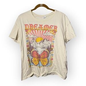 La Luna Dreamer Butterfly Mountain Graphic T-Shirt Tan XL Boho Retro Sun